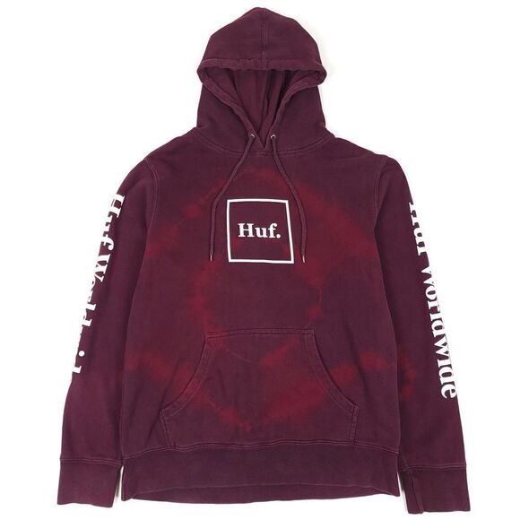 HUF Box Logo Hoodie Fleece Pullover Sweatshirt in Burgundy Tie Dye Mens Medium - Picture 1 of 8